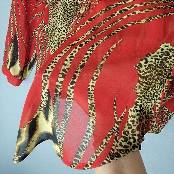 Carrie Allen Animal Print Button Up Blouse Women M Red Leopard LS Sheer Mob Wife - Picture 7 of 13